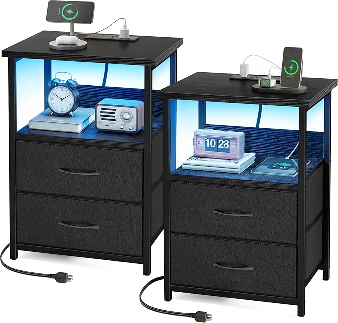 Fixwal Nightstand Set of 2 Night Stand with Charging Station, LED Nightstand with Fabric Drawers, End Table with PU Finish, Bed Side Table, Black