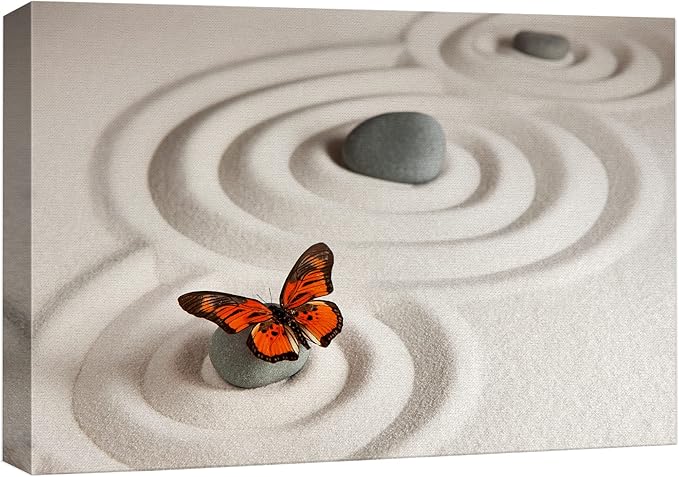 wall26 Canvas Print Wall Art Zen Garden with Stones & Monarch Butterfly Nature Wilderness Photography Realism Chic Scenic Relax/Calm Multicolor for Living Room, Bedroom, Office - 24"x36"