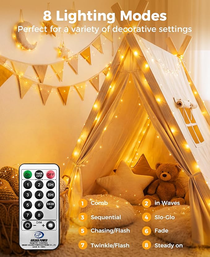 Plug-in Fairy Lights, 66 Ft 200 LED String Light with Remote, 8 Modes, Timer and Dimming Twinkle Lights for Indoor, Bedroom, Party, Decoration, Holiday, Warm White