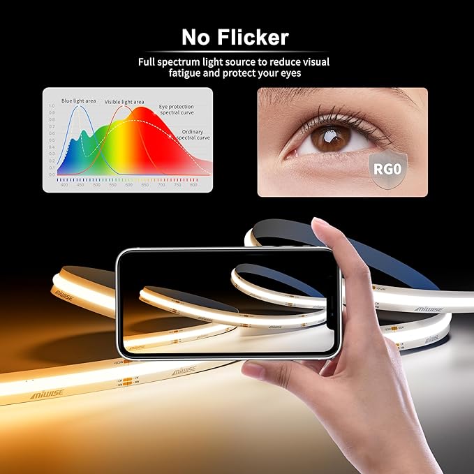 MIWISE COB LED Strip Light White LED Tape Lights 2700K-6500K 24V Color Changing Dimmable 32.8ft UL-Listed Super Bright with Remote & APP Control for Under Cabinets,Bedroom,Kitchen,Mirror,DIY Lighting