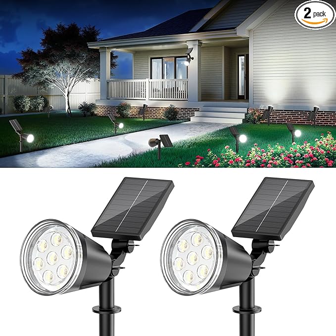 Solar Spot Lights Outdoor Cool White, 1000LM Big Adjustable Solar Lights Outdoor Waterproof, 2-in-1 Bright Solar Powered Spotlights Landscape Lighting for Garden, Yard, Pathway, Tree, Flag