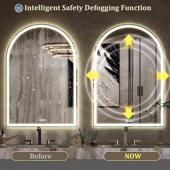 BEAUTYPEAK LED Arch Bathroom Mirrors with Lights, 36x24 Arch Mirror with Metal Frame, Anti-Fog,LED Mirror with Front Light and Backlit, Memory Function for Bathroom, Dressing Room