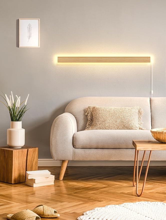 1 Pack Modern Plug in Long Wall Sconce 45.2‘’ LED Bamboo Wall Lights 35W Long Strip Indoor Wall Lamp 3000K with 6.5FT Plug in Cord and On/Off Switch on The Cord for Living Room Hallway Stairwell