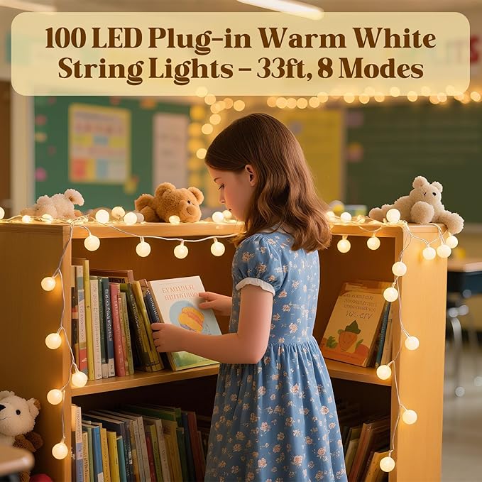 100 LED Hanging String Lights for Classroom – 33ft Plug in Fairy Lights with 8 Modes, Warm White String Lights for Classroom Decor, Teacher Supplies, Bulletin Board, Wall Display & School Decorations