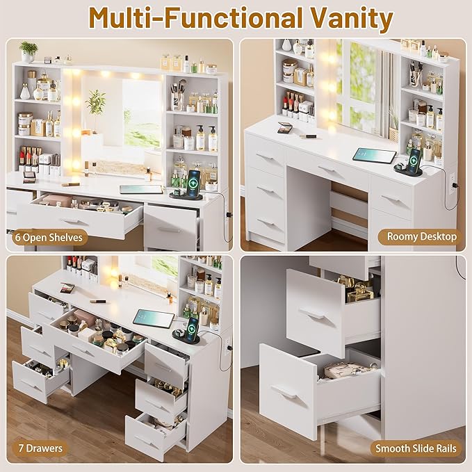 Vanity Desk with Mirror and LED Lights, Large Vanity with 7 Drawers and 6 Shelves, Makeup Vanity Dressing Table with Charging Station for Girls, Women (White)