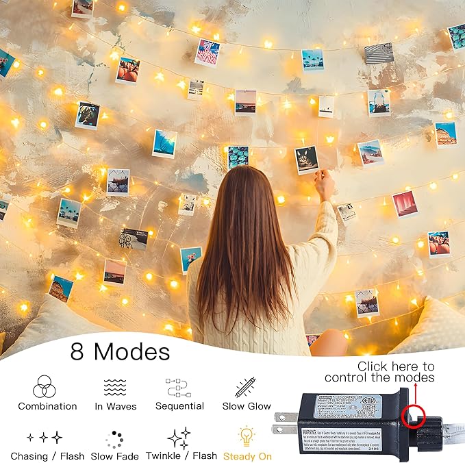 String Lights Indoor Bedroom, 33FT 100 LED Fairy String Lights Outdoor Waterproof, 8 Modes Memory Twinkle Christmas Light Plug in for Classroom Dorm Patio Tree Garden Decor(Warm White)