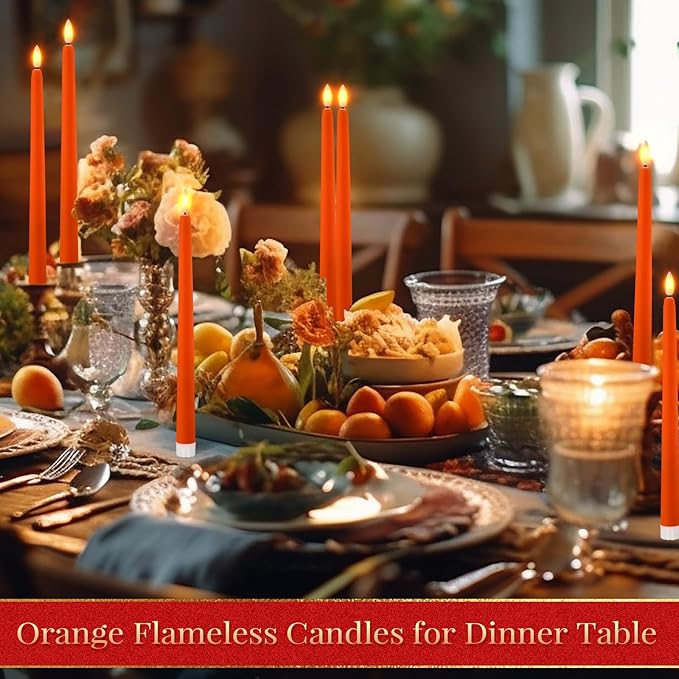 Macarrie 24 Packs Flameless Taper Candles Battery Operated Fake 11 Inch Long Candlelight LED Flameless Candlesticks Flickering Tapered for Spring Summer Wedding(Orange)