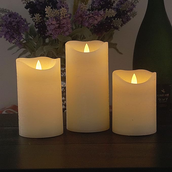 CANDLE CHOICE Battery Operated Flameless Candles with Timer Real Wax Realistic Flickering Electric LED Pillars Automatic Built-in Daily Cycle Timer 6-Hour on 18-Hour Off Set of 3 Rustic Texture Ivory