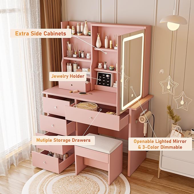 ALEAVIC Vanity Desk with Mirror and LED Lights, Makeup Vanity Set with Power Outlet, and Stool,Jewelry Storage,Pink Vanity Desk for Bedroom
