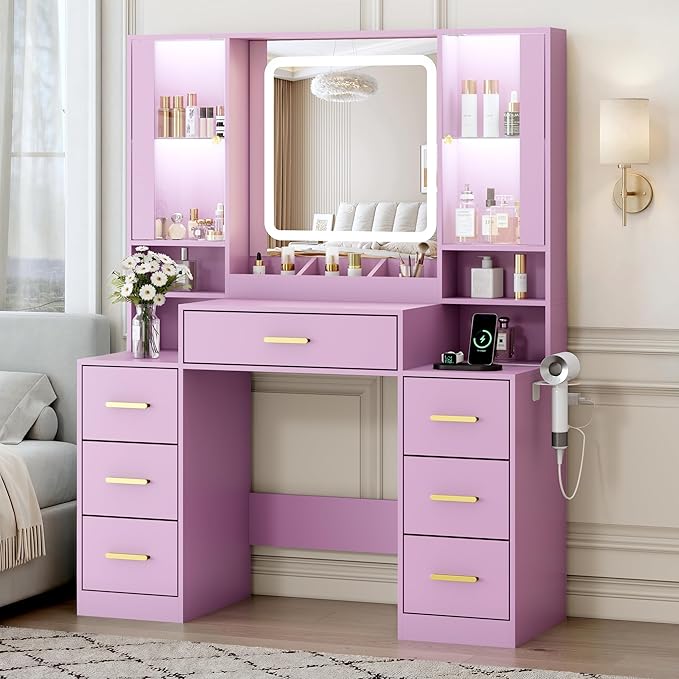 Vanity Desk with Mirror and Lights, Makeup Vanity with 7 Drawers, 2 Glass Door Cabinets, Charging Station, Adjustable Shelves, RGB Lighting, Hair Dryer Holder