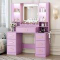 Vanity Desk with Mirror and Lights, Makeup Vanity with 7 Drawers, 2 Glass Door Cabinets, Charging Station, Adjustable Shelves, RGB Lighting, Hair Dryer Holder