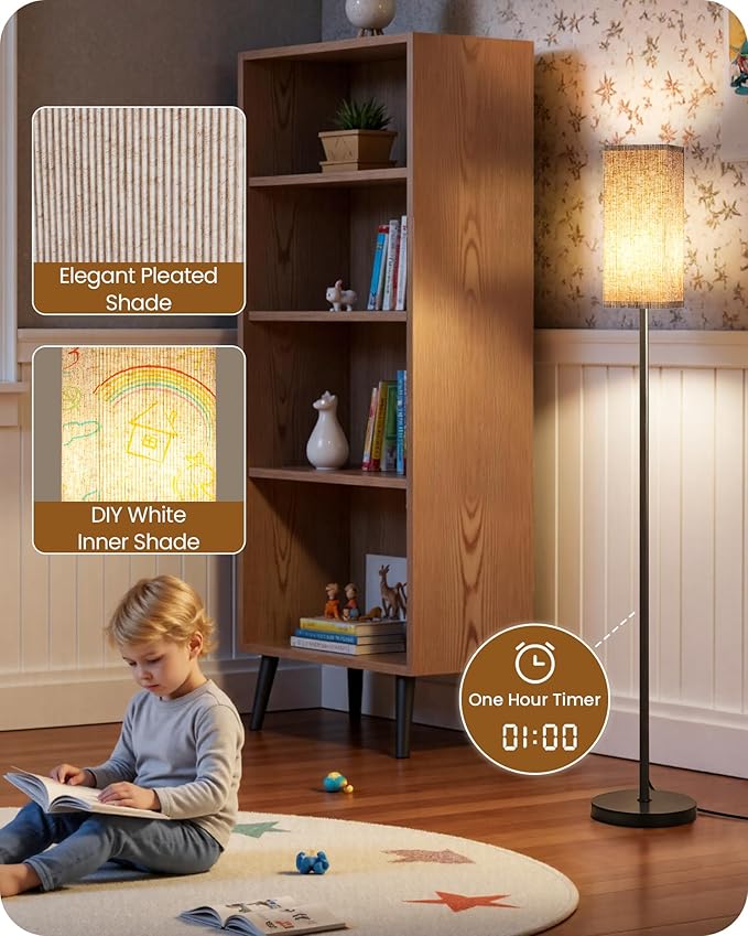 2Pack 64.2” Dimmable Floor Lamp for Living Room with Remote & Foot Switch, Corner Floor Lamp for Bedroom, Includes A19 Bulb, Modern Standing Tall Lamp, ETL Listed Beige and Black E17LDP205