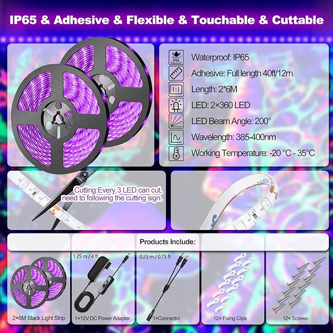 Waterproof 40Ft Black Light Strip, IP65 Black Light Fixtures Kit, 720 LED Strip with 12V Power Supply for Outdoor Indoor Halloween Glow Neon Party Resin Curing Display Cabinet Posters Boat