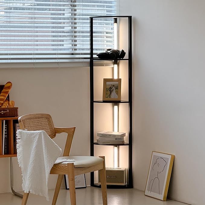 FENLO Dimmable LED Corner Floor Lamp with Shelves, Corner Shelf Floor Lamps for Living Room, LED Corner Display Shelf with Lights and Adjustable Color Temps, App/Remote Control - Fancy Edge Pro