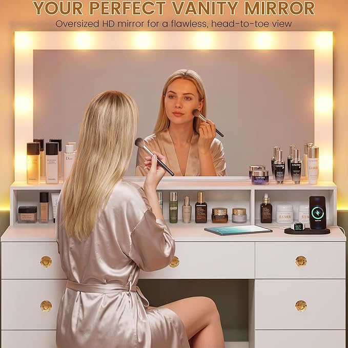 White Vanity Desk with Large Lighted Mirror, Makeup Vanity Desk with Power Outlet, 9 Drawers & Storage Shelf, Women Girls Vanity Dressing Table for Bedroom Bathroom