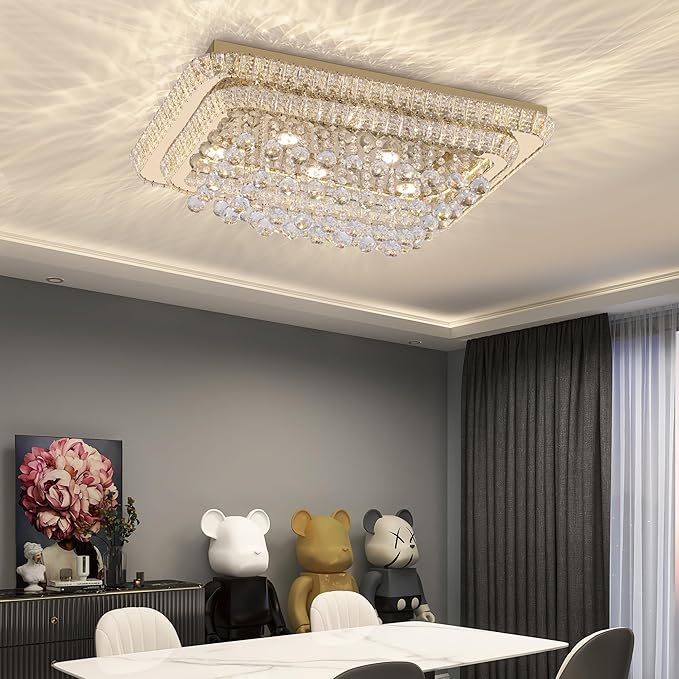 32 inch Crystal Flush Mount Chandelier, Modern Raindrop Crystal Gold Chandeliers with Remote and APP, 3 Colors Temp & Brightness Adjustable, Ceiling Light for Bedroom Hallway DiningRoom Living Room
