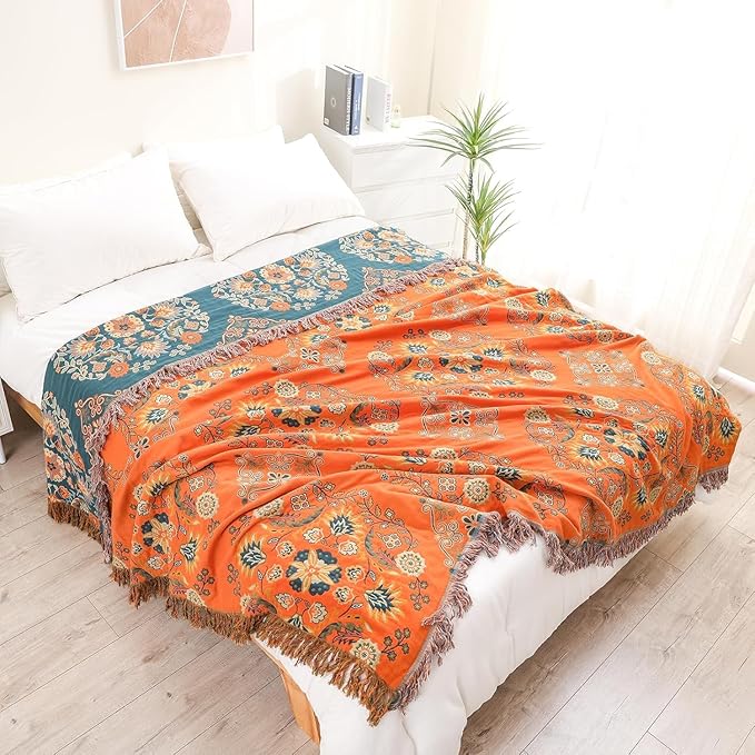 King Throw Blanket for Bed Couch,100% Organic Cotton Reversible Soft Quilt, Orange Floral Breathable Lightweight Blankets,90"×108" Extra Large Sofa Throws for 3 4 Seater with Tassels,Teal