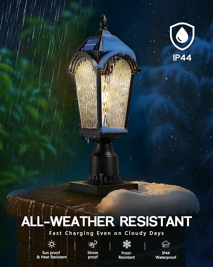 FEMILA Solar Post Lights Outdoor, 17.3" Dusk to Dawn Outdoor Post Lights Aluminum Glass Solar Post Light for Garden Patio Driveway, 4FYX90P-SL BK