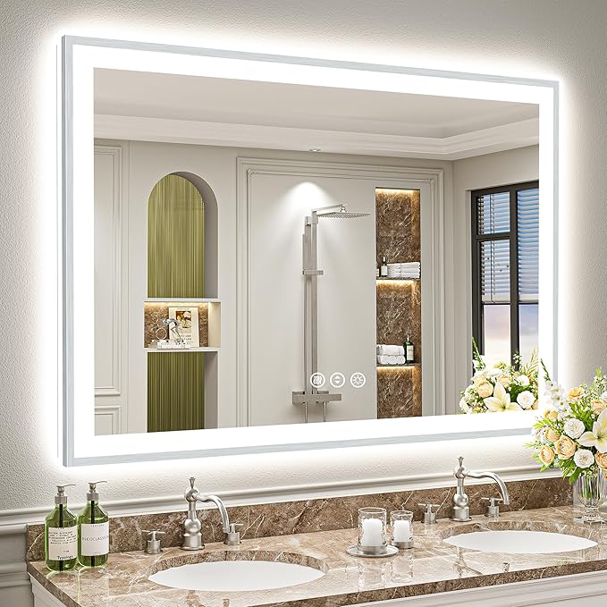 50x40 Brushed Nickel LED Bathroom Mirror with Lights, Sliver Framed Backlit and Front Lit Anti-Fog Lighted Vanity Mirrors for Bathroom Wall, Dimmable, 3 Colors, Memory, Tempered Glass, CRI＞90