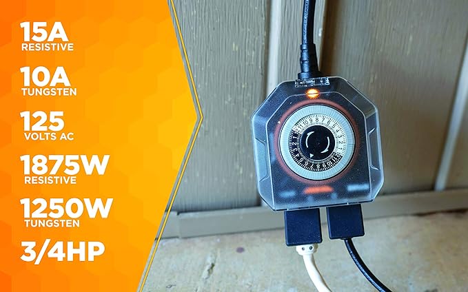 Southwire Woods Outdoor 24-Hour Heavy Duty Mechanical Timer - Dual Grounded Outlet - Programmable Timer - Waterproof Design - Energy Saving Outdoor Power Control - Black