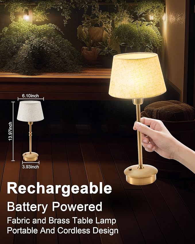 UMEXUS Small Cordless Lamp Rechargeable Table Lamps Set of 2, Dimmable Battery Operated Lights, Portable Accent Light for Side Table Restaurant Dining Outdoor, Beige Fabric Shade, Antique Brass