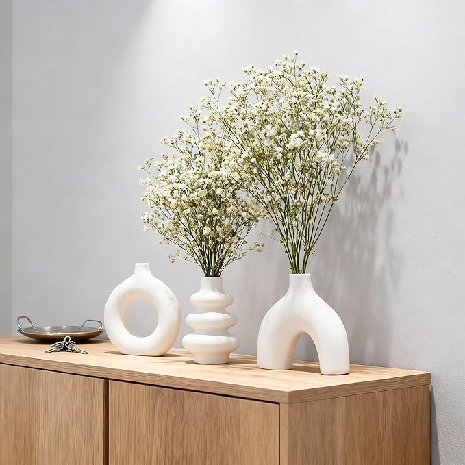 Ceramic 3 Pcs Vase Set,Modern Home Decor Table Centerpiece,Minimalist Nordic Vases, Wedding, Living Room, Bookshelf, Office, Modern Home, Entryway Boho Decor (White)