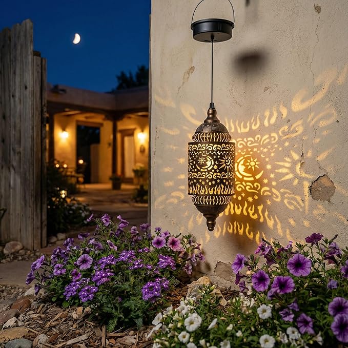 Moroccan Hanging Solar Lights Outdoor Garden Decor Sun and Moon Decorations Solar Lantern Waterproof for Patio Pathway Yard Backyard Garden Decorative (Cylinder, 2)