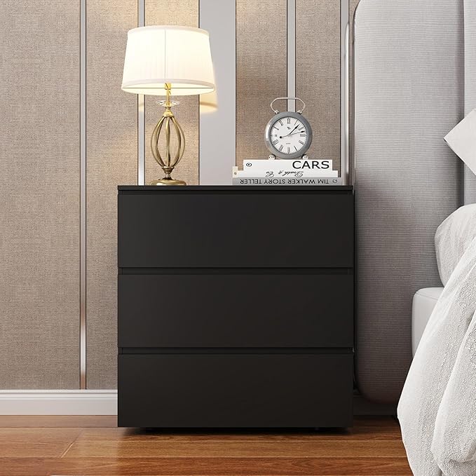 FAMAPY Modern Nightstand with 3 Drawers, Bedroom Storage Cabinet, Modern End Side Table, No Handle Design, for Living Room Black 30.3”W x 15.7”D x 32.3”H