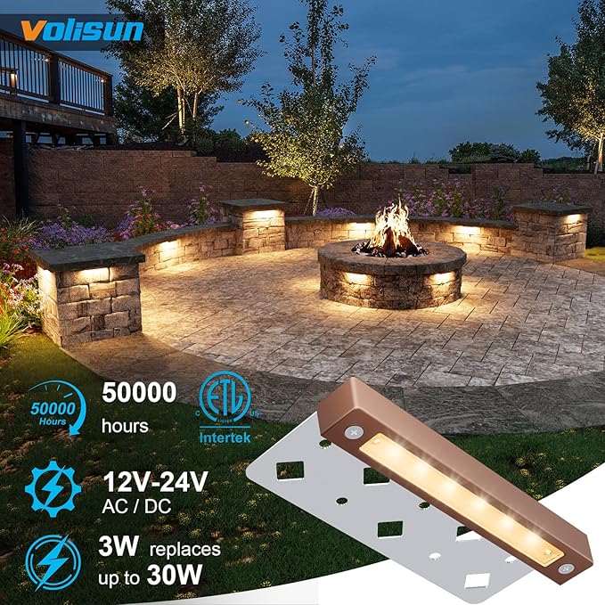 VOLISUN 24 Pack 7 Inch Retaining Wall Lights, Waterproof LED Hardscape Lighting, Cuttable Low Voltage Landscape Lighting, 12V Paver Lights, 3W Outdoor Step Lights, 2700K Soft White, ETL