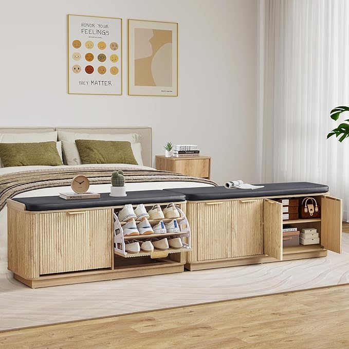 43.3''W Fluted Entryway Shoe Storage Bench with 4 Doors and Adjustable Shelf, 2-Tier Entry Bench Seat with Shoe Storage and Cushion, Shoe Cabinet Bench for End of Bed, Foyer - Natural