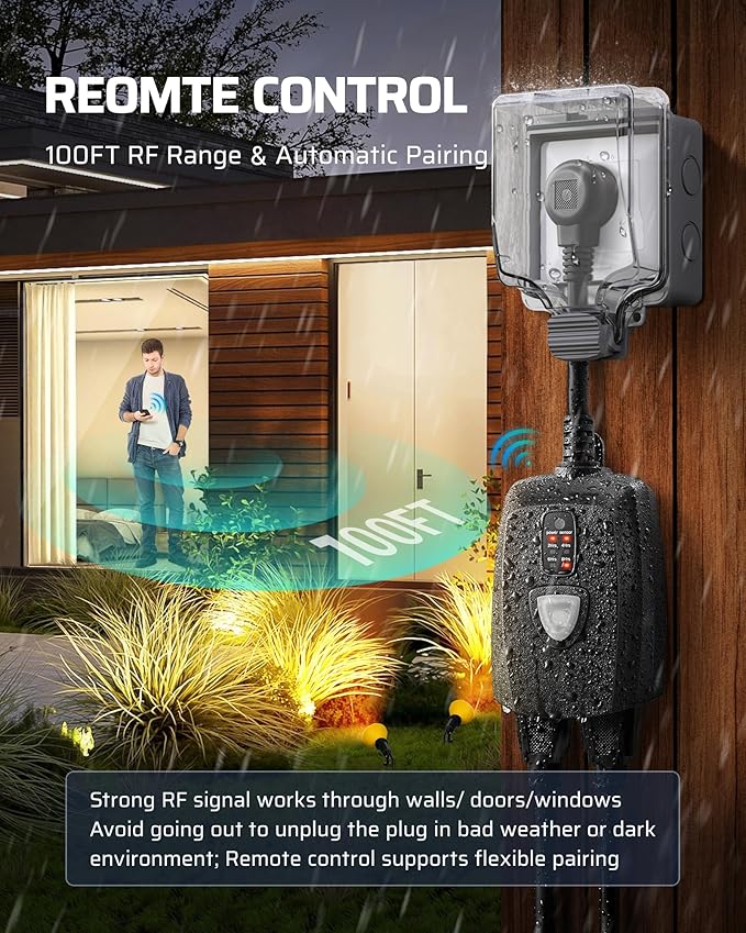 DEWENWILS Outdoor Timer Outlet Waterproof with 11 Modes, Outdoor Light Timer, 100FT Remote Control, for Outdoor Lights, Pump, Sprinkler, Fountain