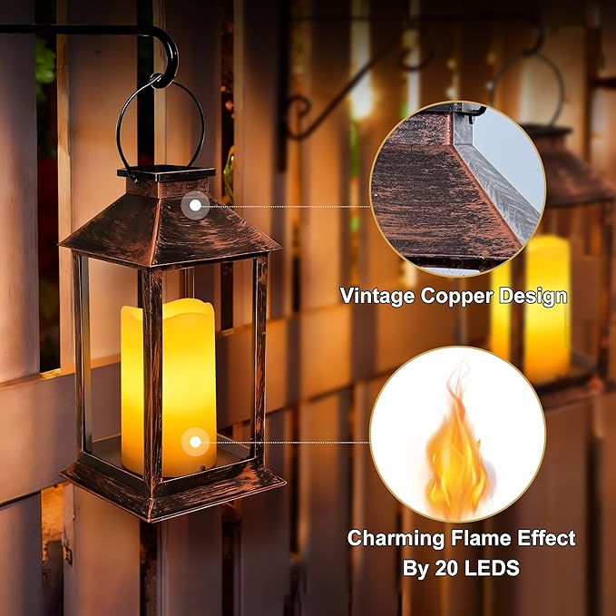 2 Pack 14 Inch Solar Lanterns Outdoor Waterproof with Flickering Flameless Candles, Outdoor Garden Hanging Lantern Decorative for Patio Front Porch Backyard Balcony Cabin Outside Table