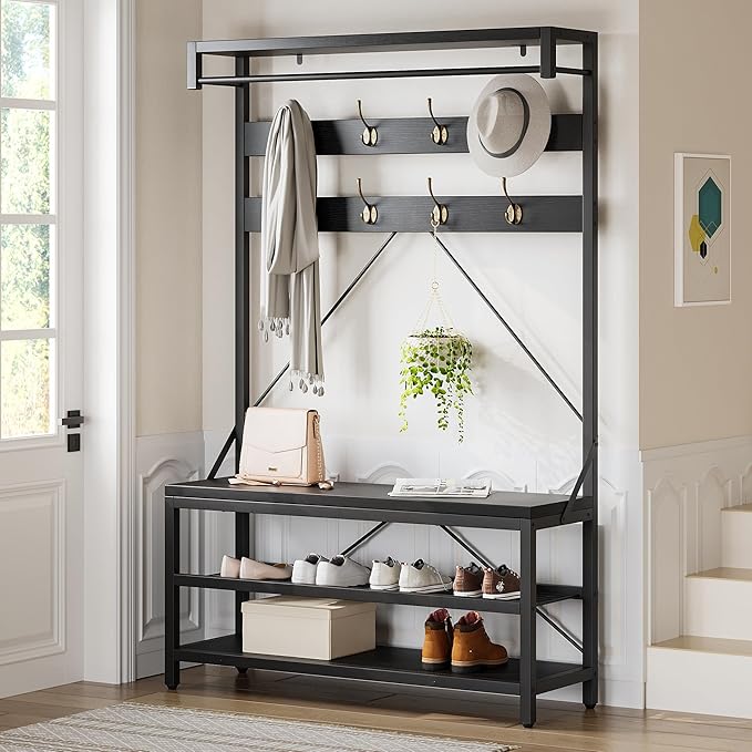 IDEALHOUSE Coat Rack Shoe Bench Industrial Hall Tree Storage Bench for Entryway Wood Look Accent Large Shoe Rack with Storage Shelf Hanging Bar,8 Hooks Grey 39.9"x15.7"x72"