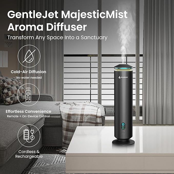 MajesticMist Waterless Essential Oil Diffuser, Rechargeable Aluminum Cold-Air Aroma Diffuser for Large Rooms up to 1000 sq ft, Wireless Charging Base, Quiet, 4 oz, Remote Control