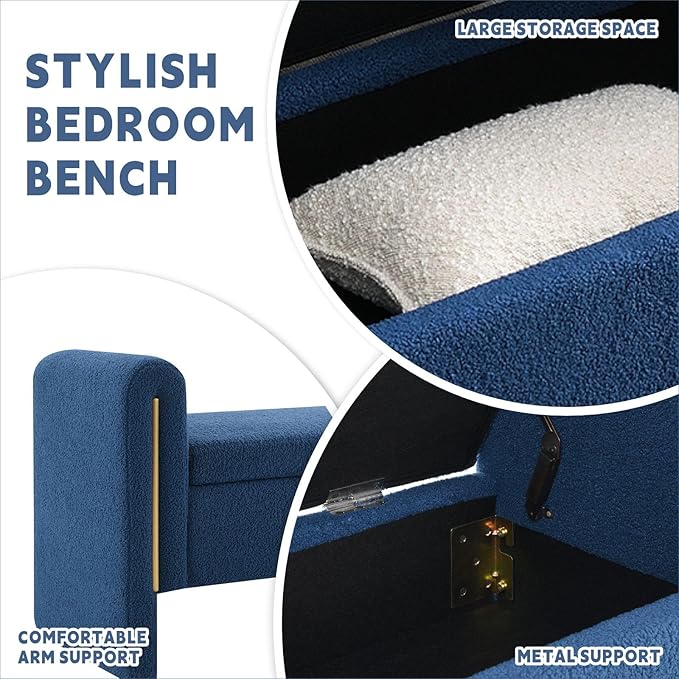 Modern 52" Storage Ottoman Bench, Upholstered End of Bed Storage Bench with Armrests, Entryway Bench, Teddy Foot Rest Stool for Living Room Hallway Bedroom (Navy Blue)