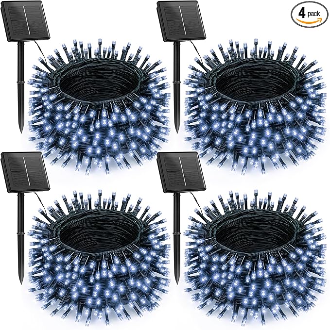Brightown 4 Pack Solar Christmas Lights Outdoor, Total 184FT 480 LED Solar String Lights Outdoor Waterproof Green Wire with 8 Modes, Solar Fairy Light for Garden Yard Patio Party Decors, Pure White