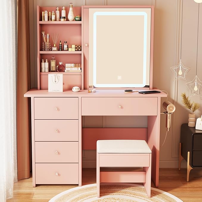 ALEAVIC Vanity Desk with Mirror and LED Lights, Makeup Vanity Set with Power Outlet, and Stool,Jewelry Storage,Pink Vanity Desk for Bedroom
