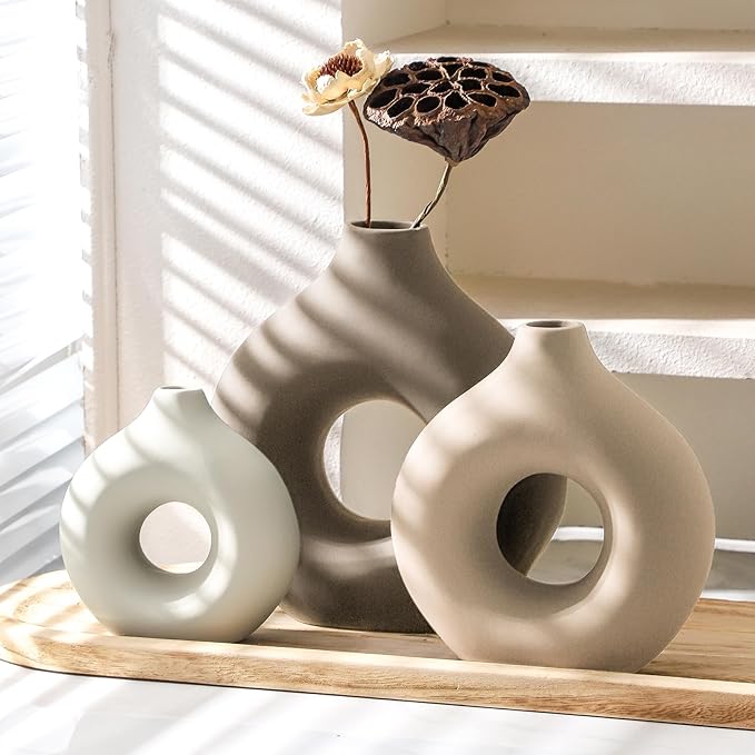 Ceramic Vase Home Table Decor - Flower Vases Set of 3 Small Living Room Centerpiece Decorations for Shelf Bedroom Office Kitchen Dining Desk Modern Aesthetic Farmhouse Decorative (Farmhouse)