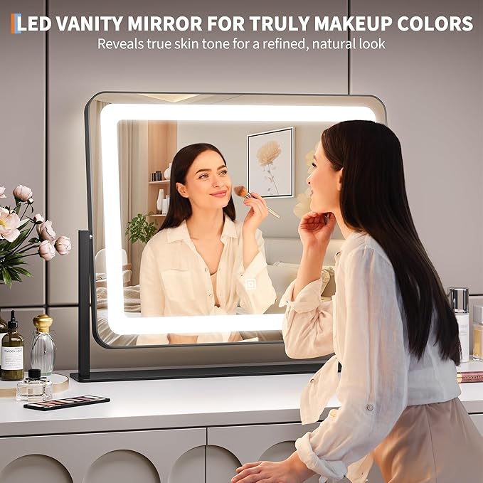 19.6 in x15.7 in Vanity Mirror with Lights, Large Lighted Mirror, LED Makeup Mirror with 3-Color Dimmable Modes and Smart Touch Control, Perfect for Desk or Bedroom, Vanity Desk Tabletop Makeup, White