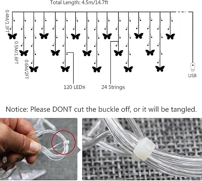 Butterfly Curtain Fairy Light, 8 Modes 120 LED USB Window Firefly Twinkle Timer String Lights 24 Butterflies with Remote, Waterproof Copper Wire for Room Bedroom Christmas Wedding Party Dorm Patio