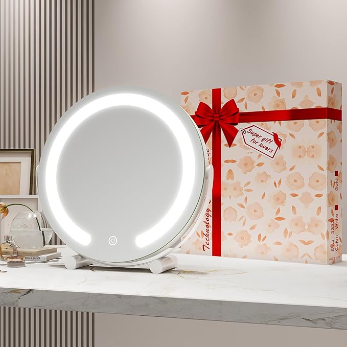 ROLOVE Vanity Mirror with Lights, 12 Inch Light Up Makeup Mirror, LED Makeup Mirror with Lights for Bedroom Tabletop, Smart Touch Control 3 Colors Dimmable, 360° Rotation, White
