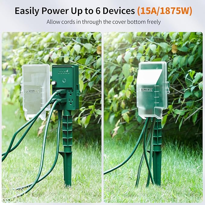 SURAIELEC Outdoor Power Stake, Dusk to Dawn Light Timer, 6 Electrical Outlet Power Strip Waterproof, 6 ft Extension Cord for Patio Lights, Sprinkler, Garden, Christmas Decorations, Outdoor Light