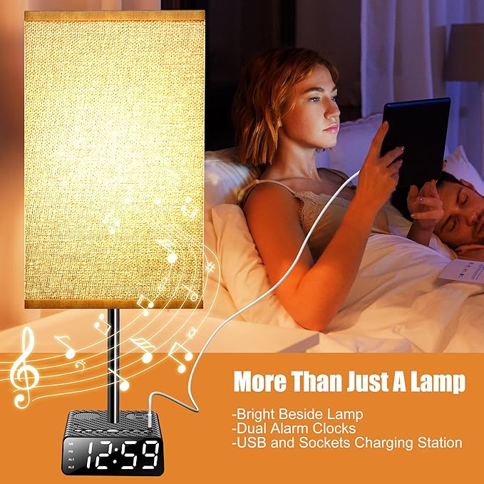Touch Control Nightstand Light,Bedside Lamp with Alarm Clock&Charging Station - 2 Alarm Clock+ 2AC + 1USB-A + 1USB-C,Lamps with USB Ports and Outlets,3-Level Dimmable Touch Lamp