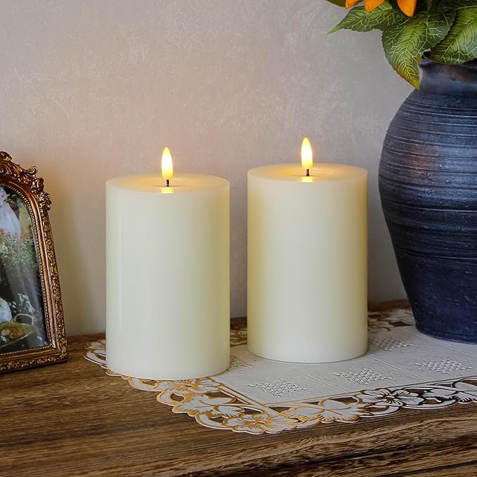Flameless Flickering 4" x6" Real Wax Ivory Remote Candles with Candle Grease, Pack of 2 Timer LED Battery Operated Fake Warm Light Pillar Candles for Home, Banquet, Ceremony Decoration