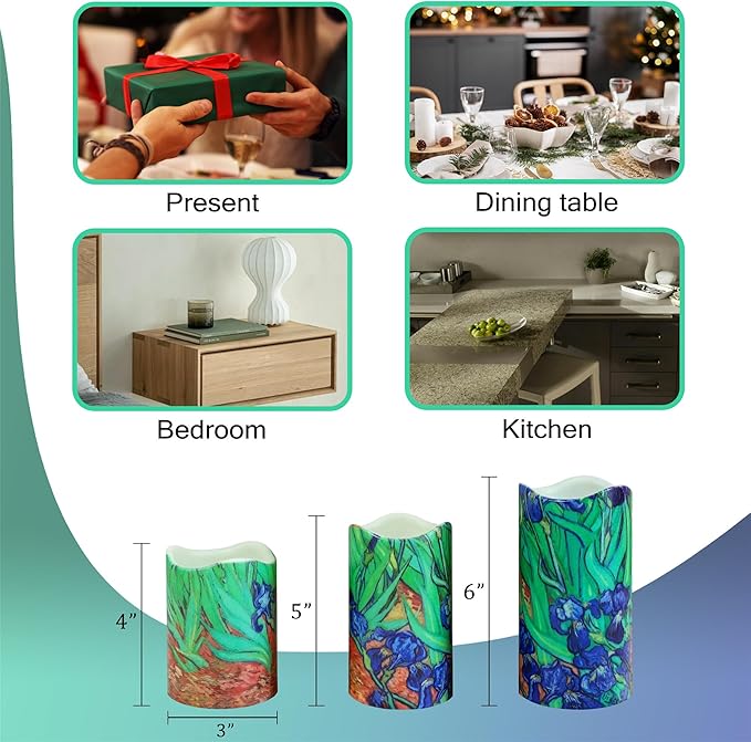 Floral Flameless LED Pillar Candles, 3pcs Van Gogh Irises Battery Operated Flickering Candles with Timer Remote,Decorative Flickering LED Candles for Wedding Mother's Day Home Decor