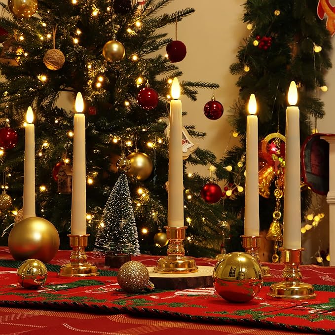 Flameless Taper Candles Flickering with Remote Timer, 4PCS Battery Operated Window Candles with Gold Candlesticks and Suction Cups, 8 Inch Warm White 3D Flame Candle for Home Xmas Decor(Ivory)