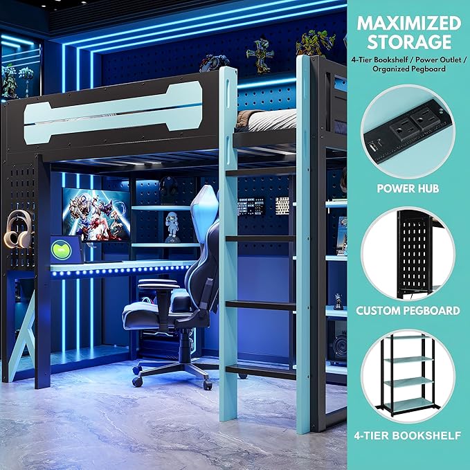 MERITLINE Ultimate Gaming & Study Loft Bed: Full Size Wood Frame with Integrated Desk, RGB Lights, Charging Station, Bookshelf & Pegboard (Black+Blue)