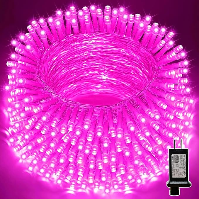 LAMPHOME 99ft Pink Valentine Lights String, 300 LED Valentines Day String Light Plug in, 16Lighting Modes Transparent Wire Fairy Starry for Indoor Outdoor Xmas Tree Wedding Party Decoration