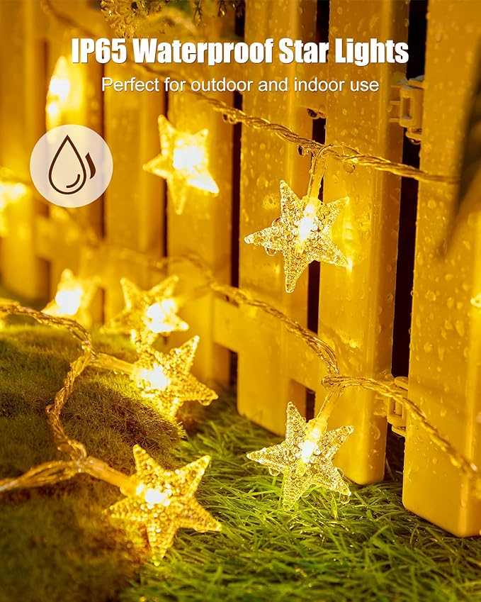 Minetom Star String Lights Battery Operated - 17 ft 50 LED Star Fairy String Lights with Timer, Waterproof for Indoor Bedroom Tent Loft Bed Patio Party Wedding Ramadan Decorations, Warm White