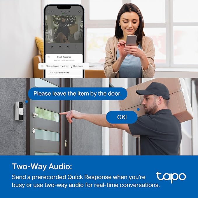 Tapo 2K Wireless Smart Video Doorbell with Chime - 160° Ultra-Wide View,Person Detection, Ring Call, 2-Way Audio, Subscription-Free Local Storage/Optional Cloud, Motion Only Alert, D210